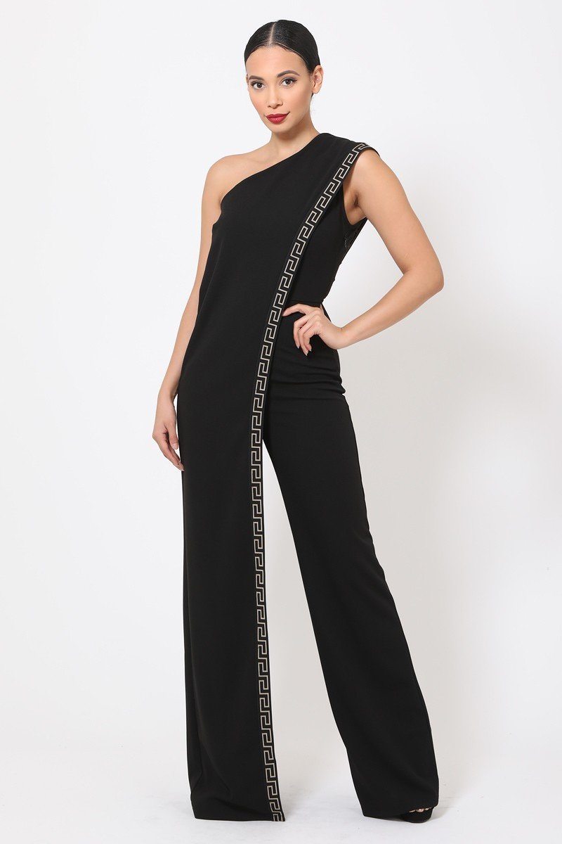 One Shoulder Greek Border Pattern Jumpsuit