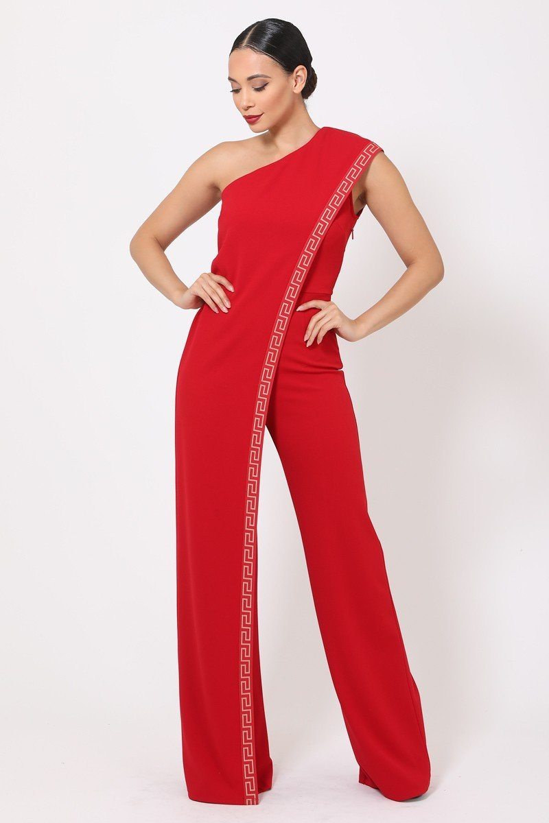 One Shoulder Greek Border Pattern Jumpsuit