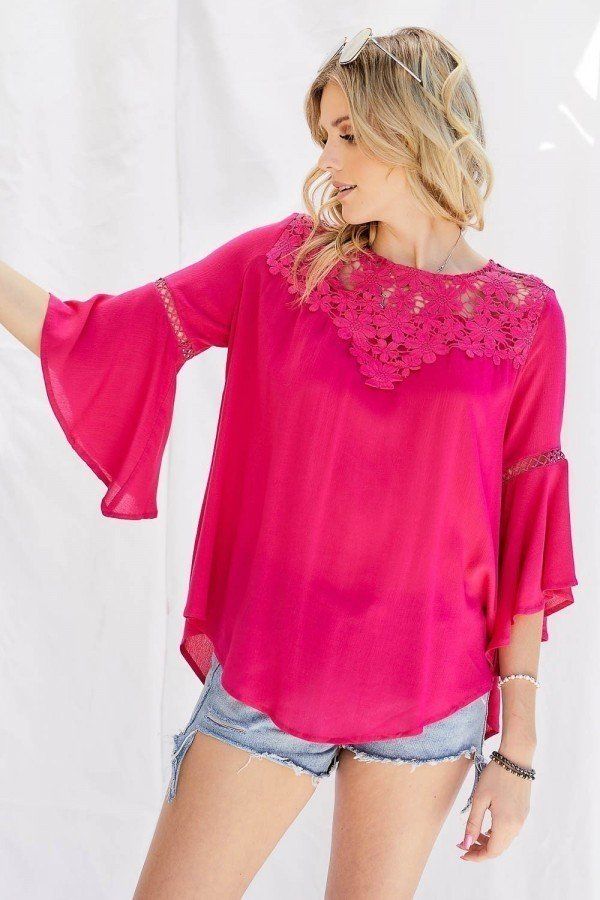 Floral Lace Crochet Tie-back Bell Sleeve Blouse