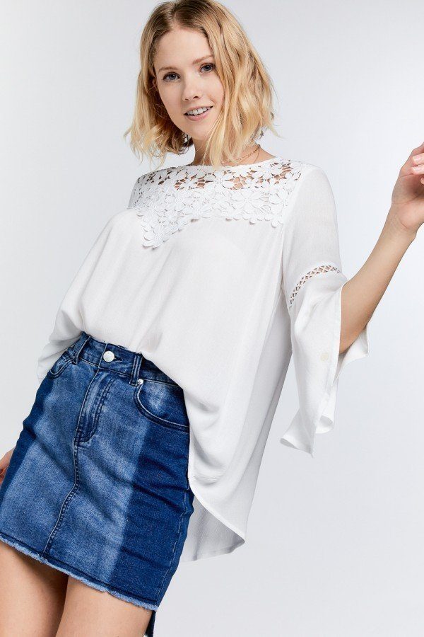 Floral Lace Crochet Tie-back Bell Sleeve Blouse