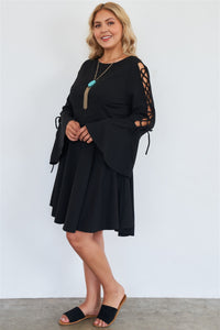 Plus Size Lace Up Detail Bell Sleeve Dress