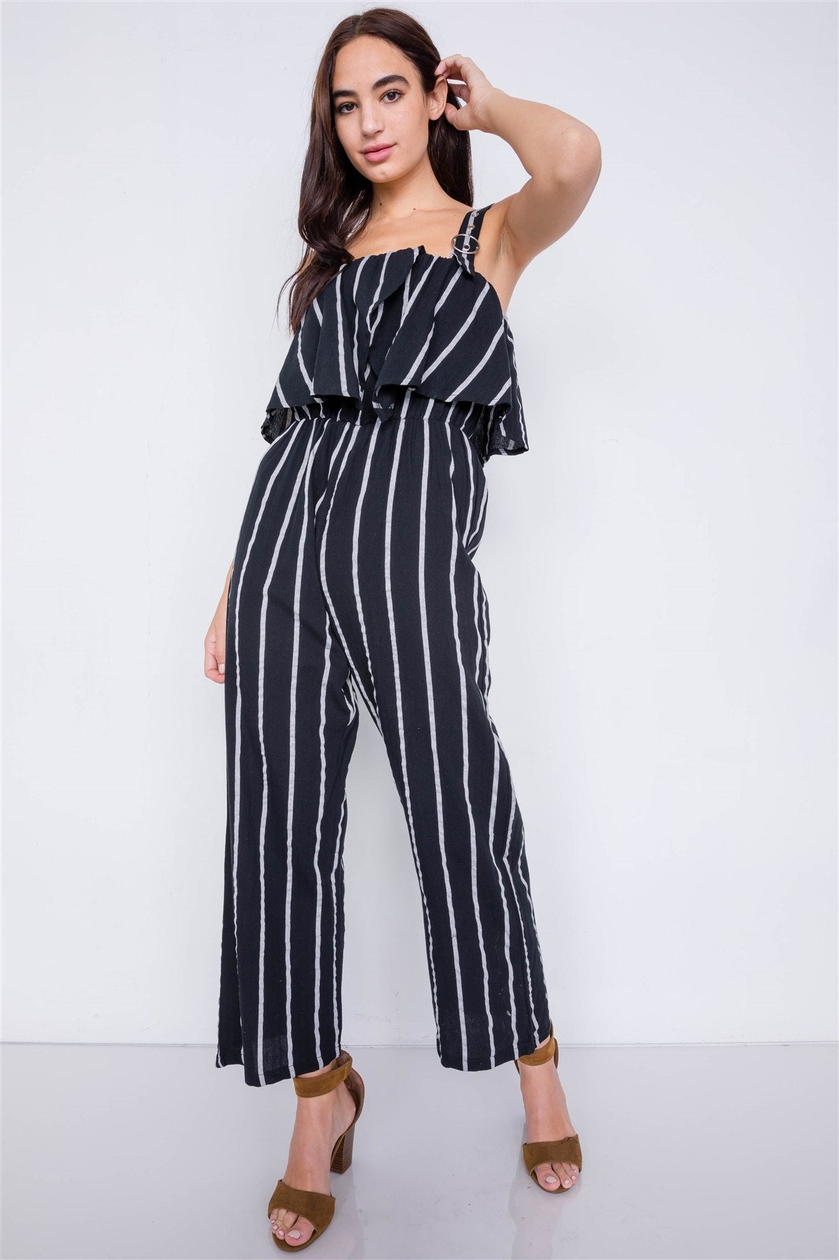 Stripe Buckle Shoulder Wide Leg Jumpsuit