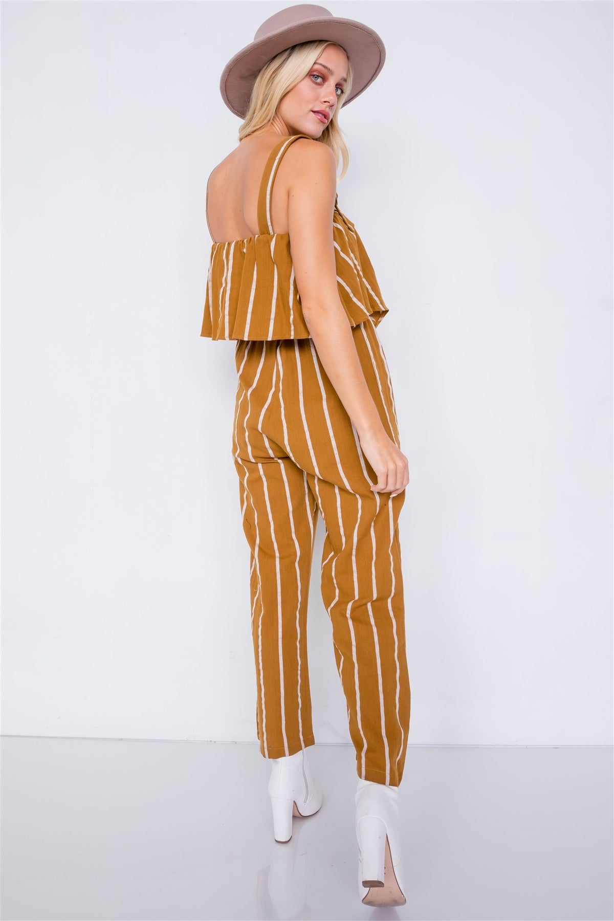 Stripe Buckle Shoulder Wide Leg Jumpsuit