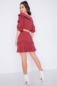 Plaid Off-the-Shoulder Crop Top & Mini Ruffle Skirt Set