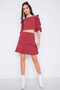 Plaid Off-the-Shoulder Crop Top & Mini Ruffle Skirt Set