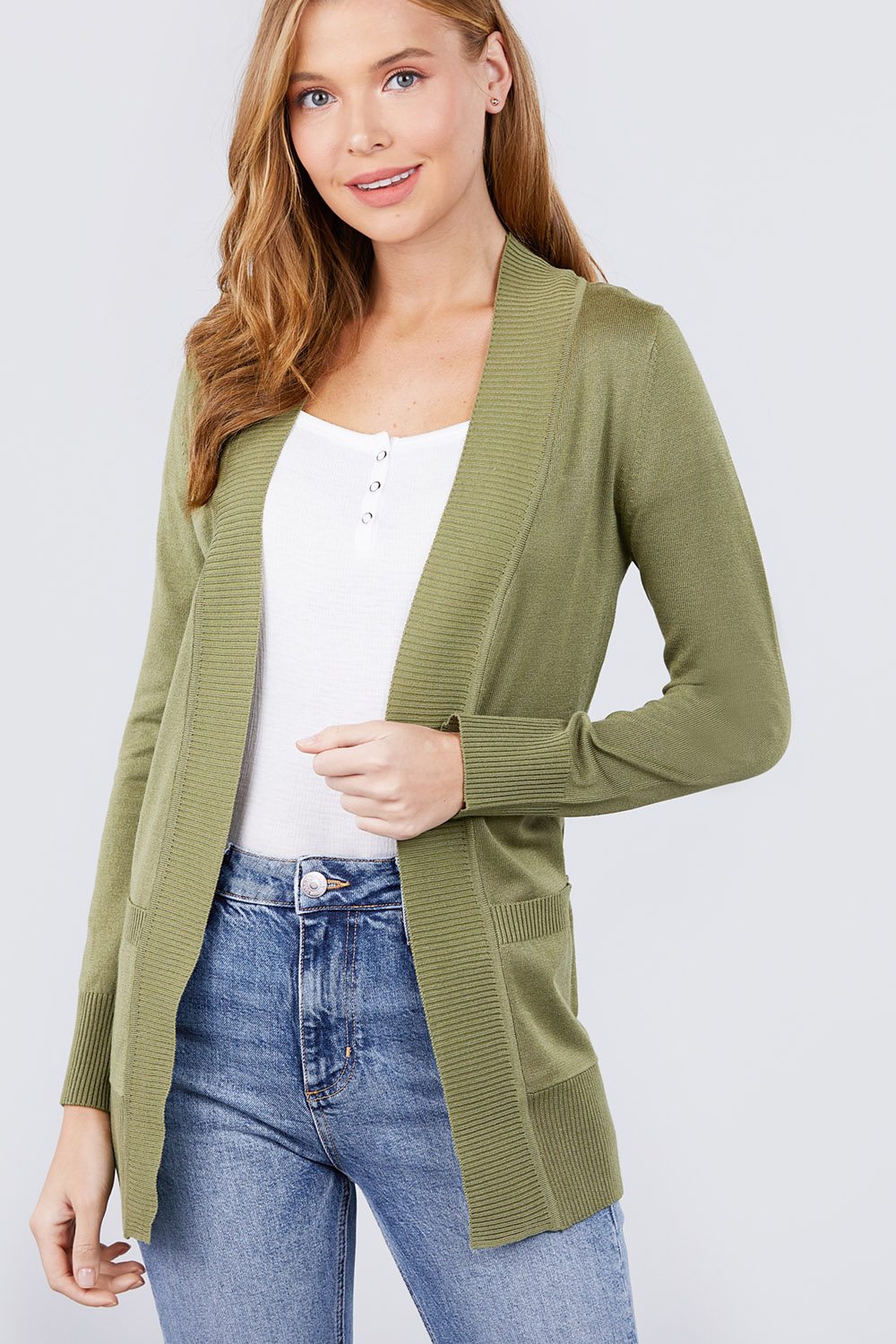 Long Sleeve Rib Banded Cardigan with Pockets