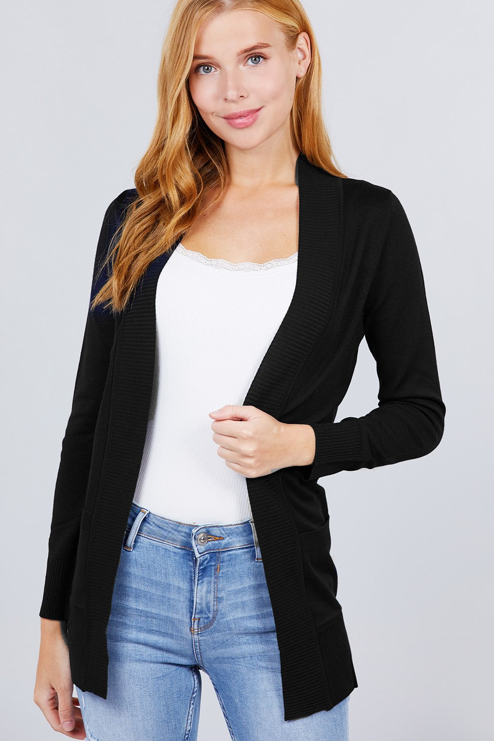 Long Sleeve Rib Banded Cardigan with Pockets