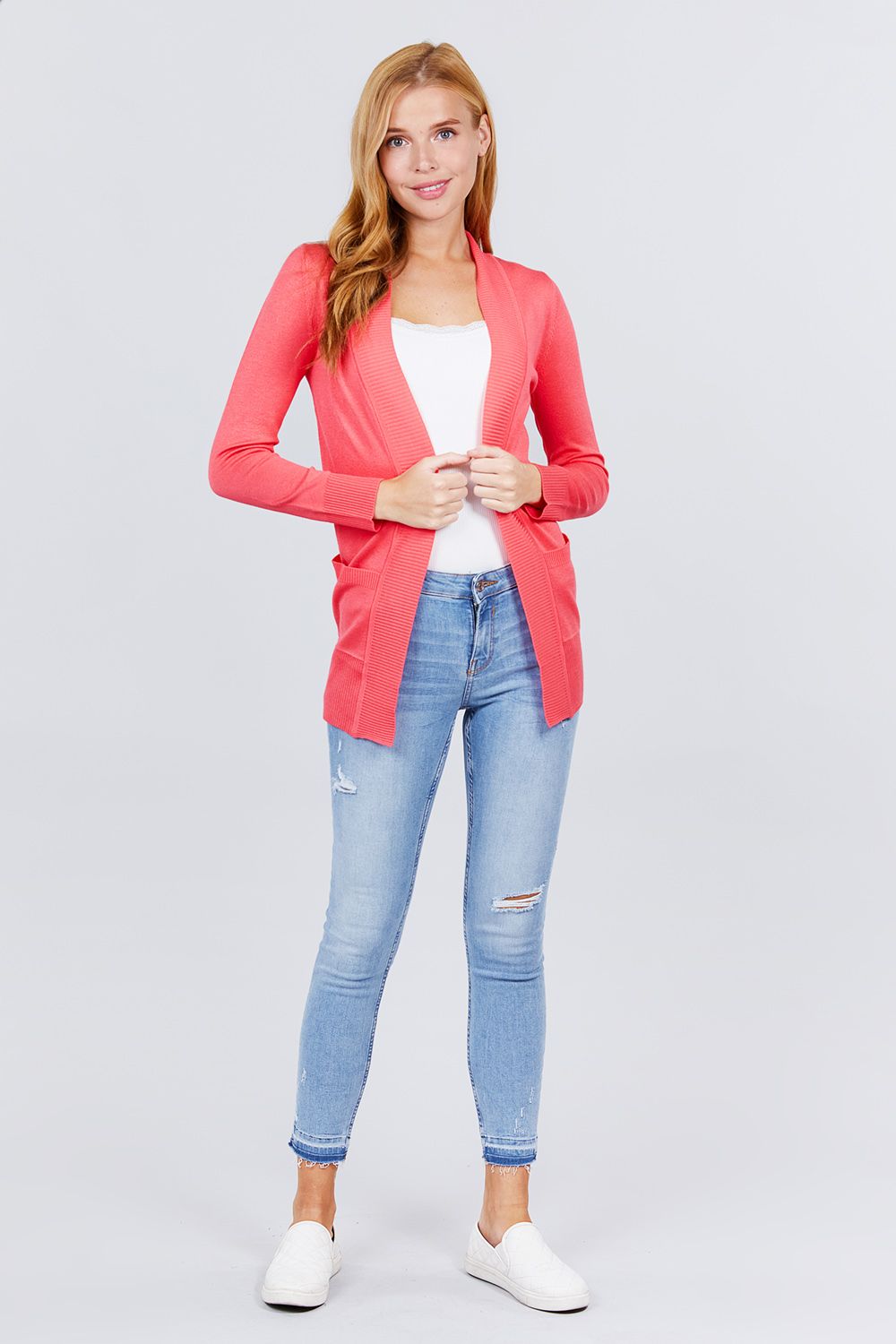 Long Sleeve Rib Banded Cardigan with Pockets