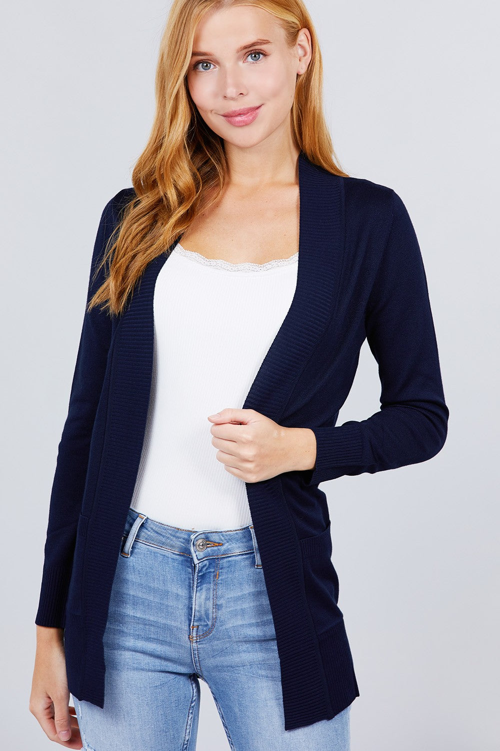 Long Sleeve Rib Banded Cardigan with Pockets