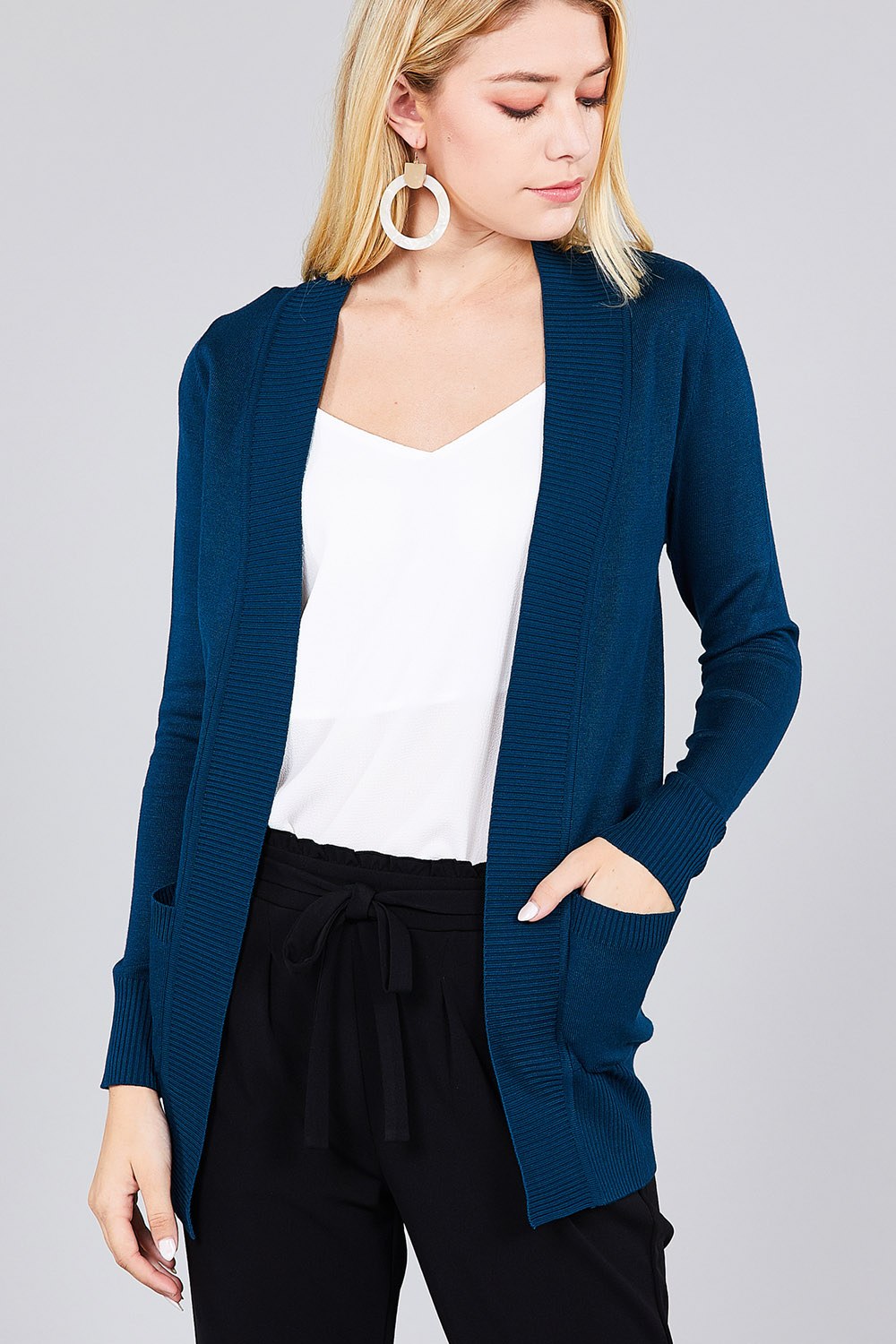 Long Sleeve Rib Banded Cardigan with Pockets