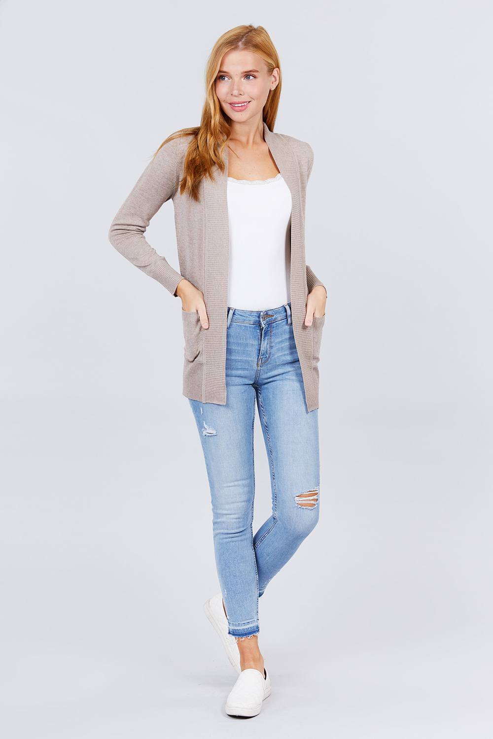 Long Sleeve Rib Banded Cardigan with Pockets