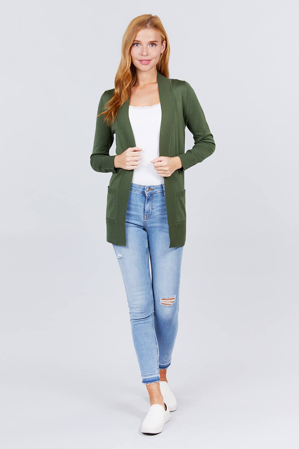 Long Sleeve Rib Banded Cardigan with Pockets