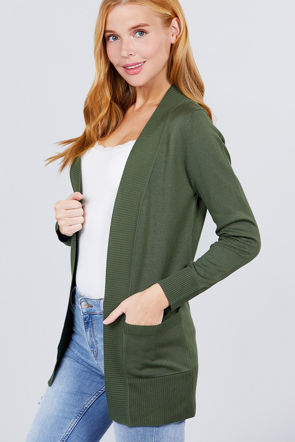 Long Sleeve Rib Banded Cardigan with Pockets