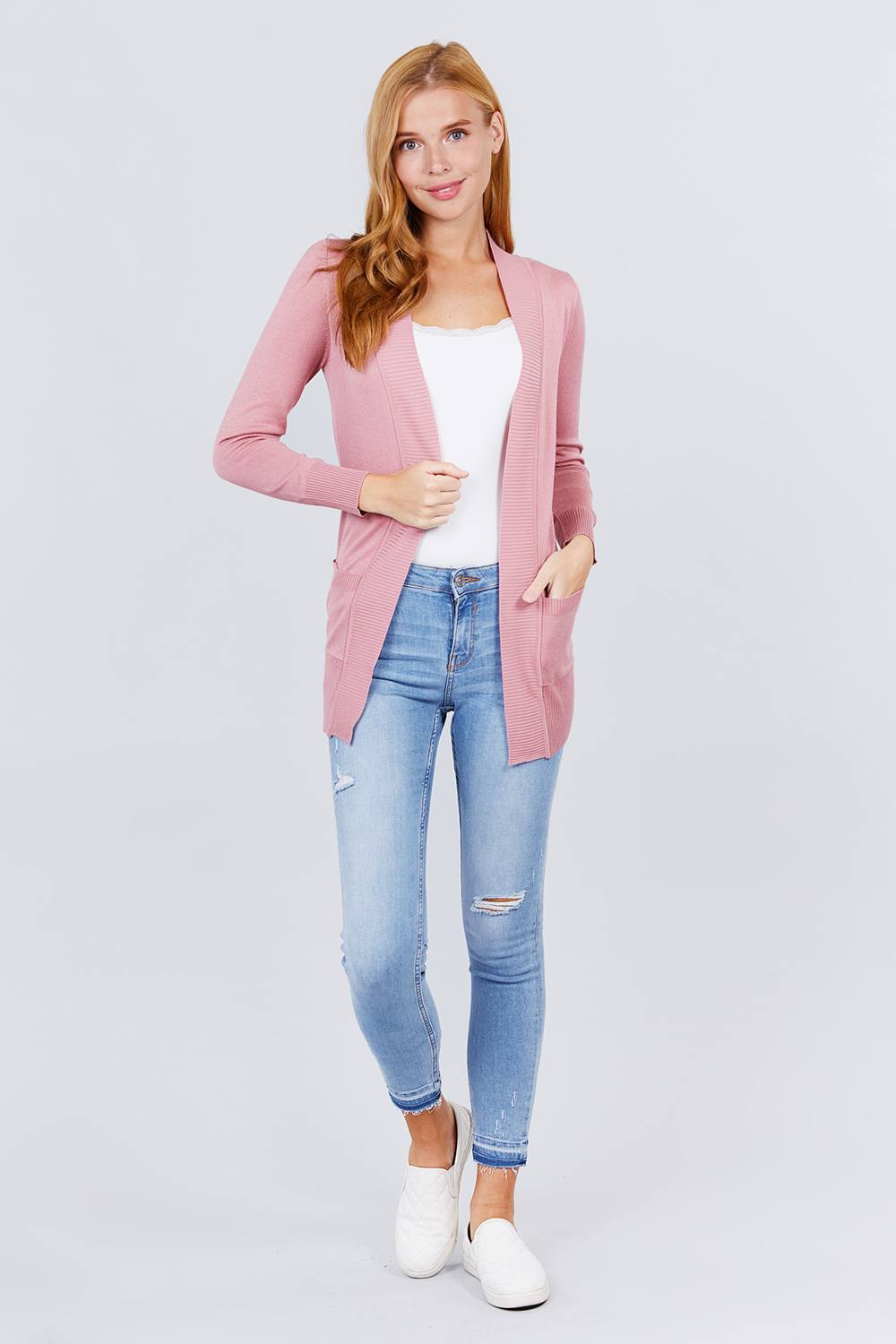 Long Sleeve Rib Banded Cardigan with Pockets