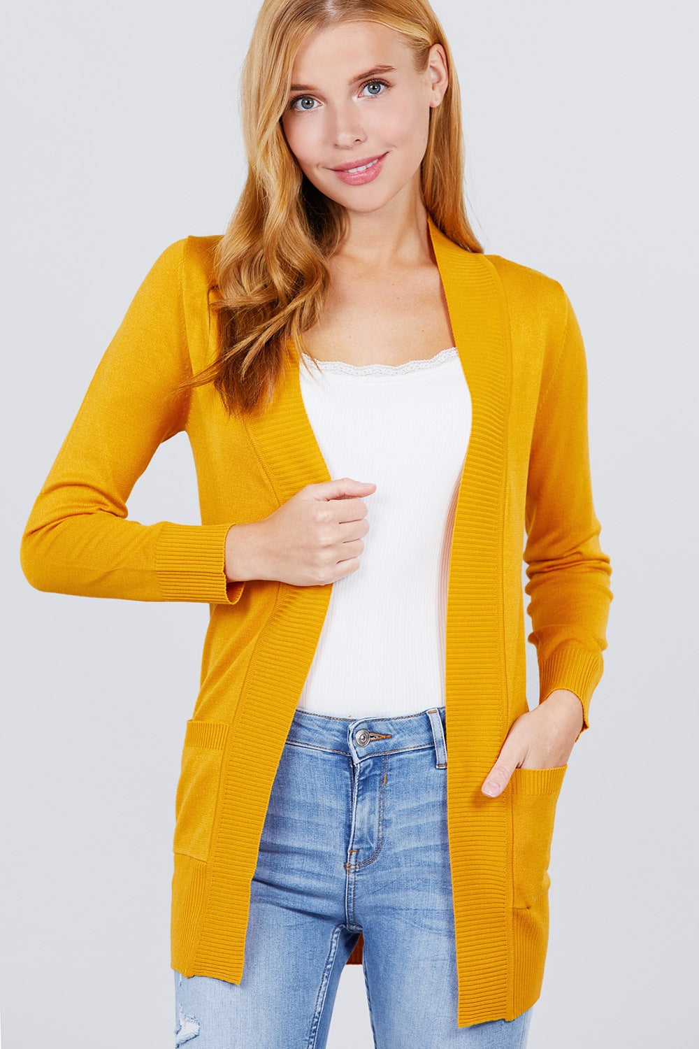 Long Sleeve Rib Banded Cardigan with Pockets