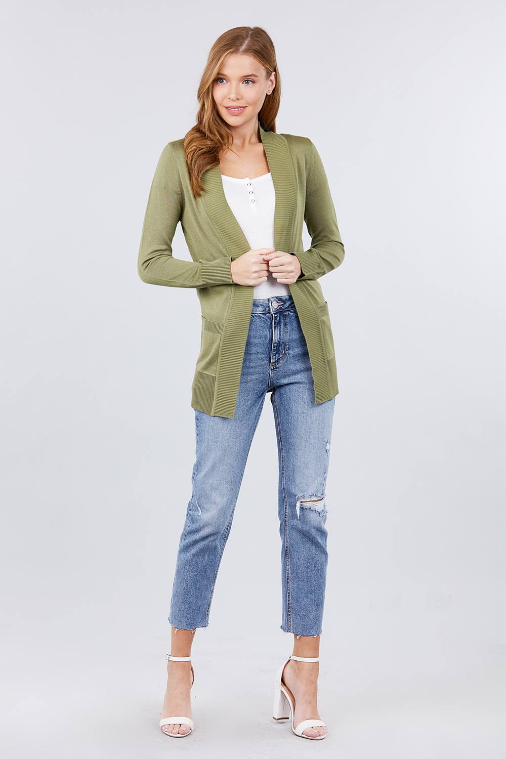 Long Sleeve Rib Banded Cardigan with Pockets