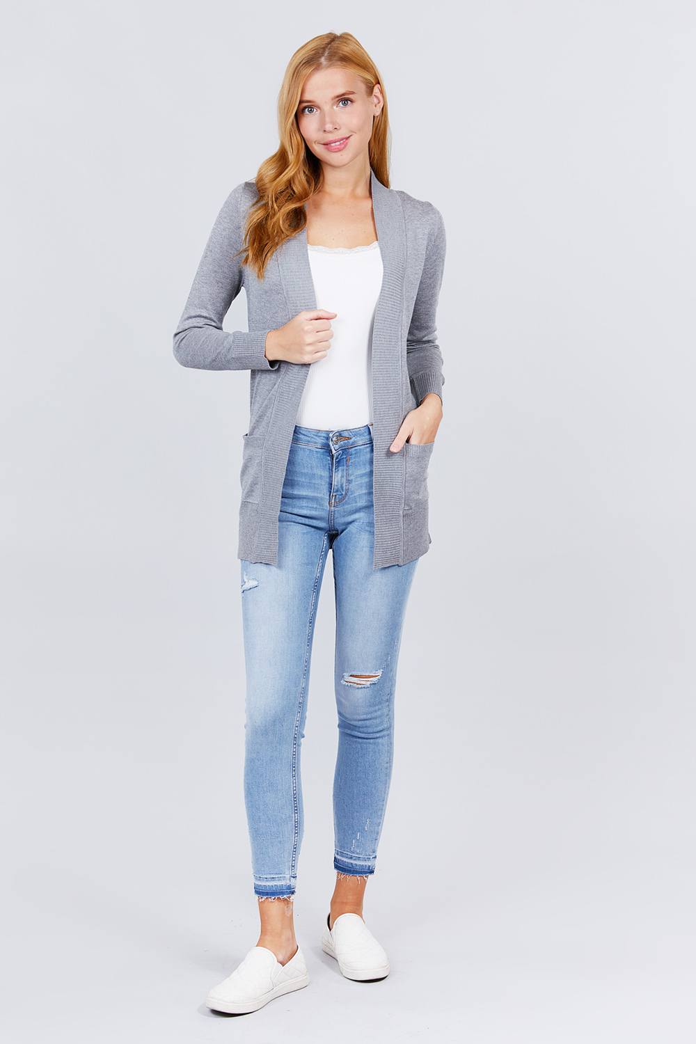 Long Sleeve Rib Banded Cardigan with Pockets