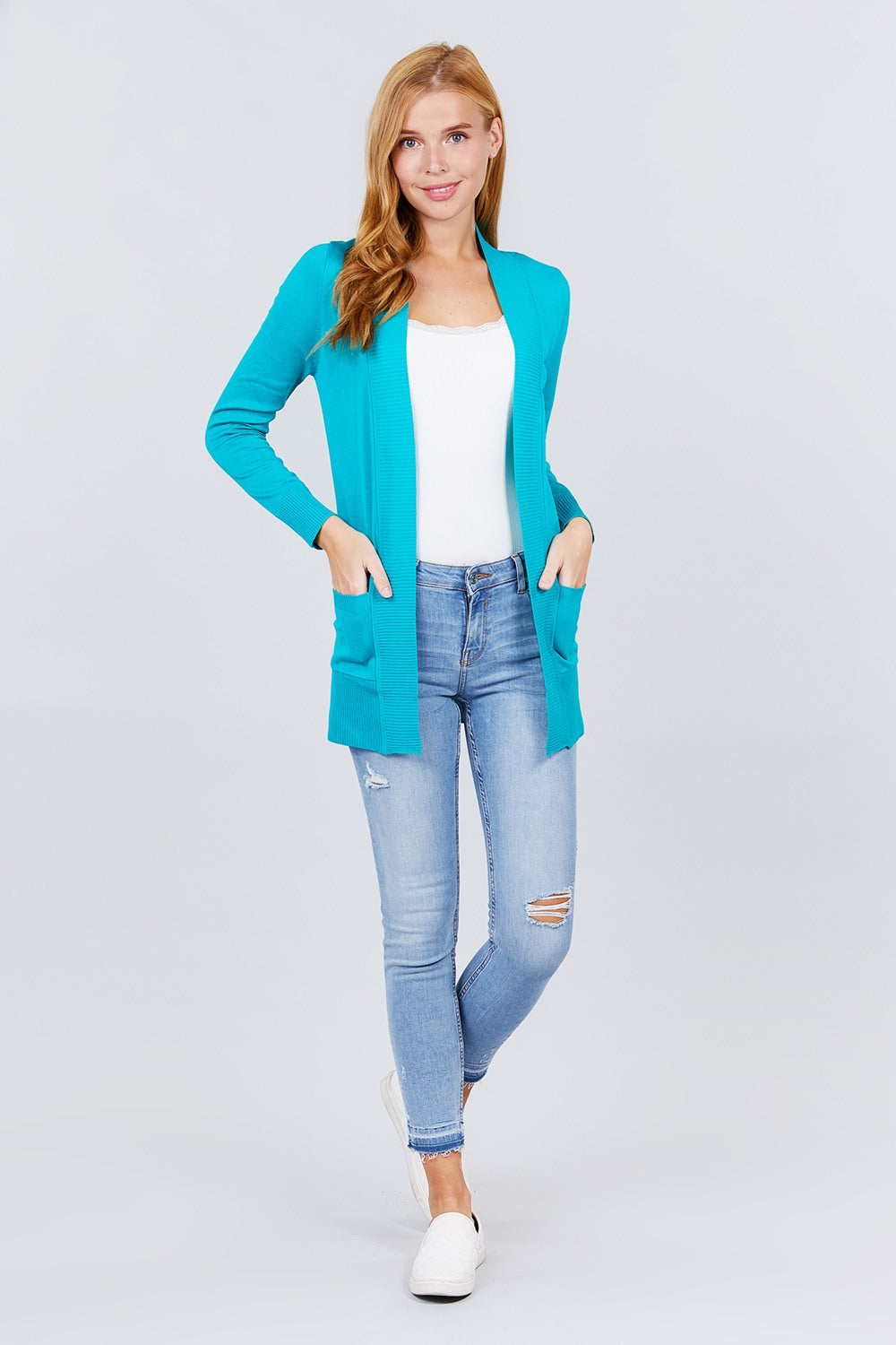 Long Sleeve Rib Banded Cardigan with Pockets