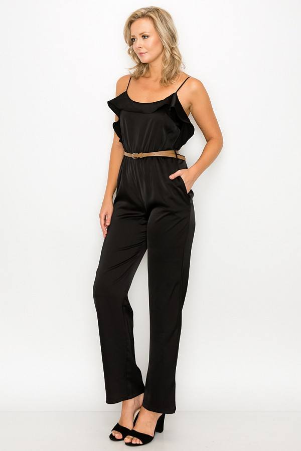 Ruffle Trim Belted Jumpsuit