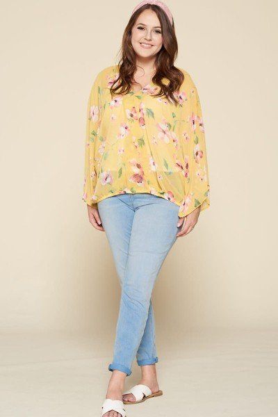 Plus Size Floral Chiffon Sheer Surplice Top