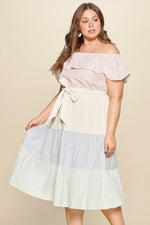 Load image into Gallery viewer, Tiered Off-shoulder Flounce Dress Featuring Stripe Details And Self Ties.
