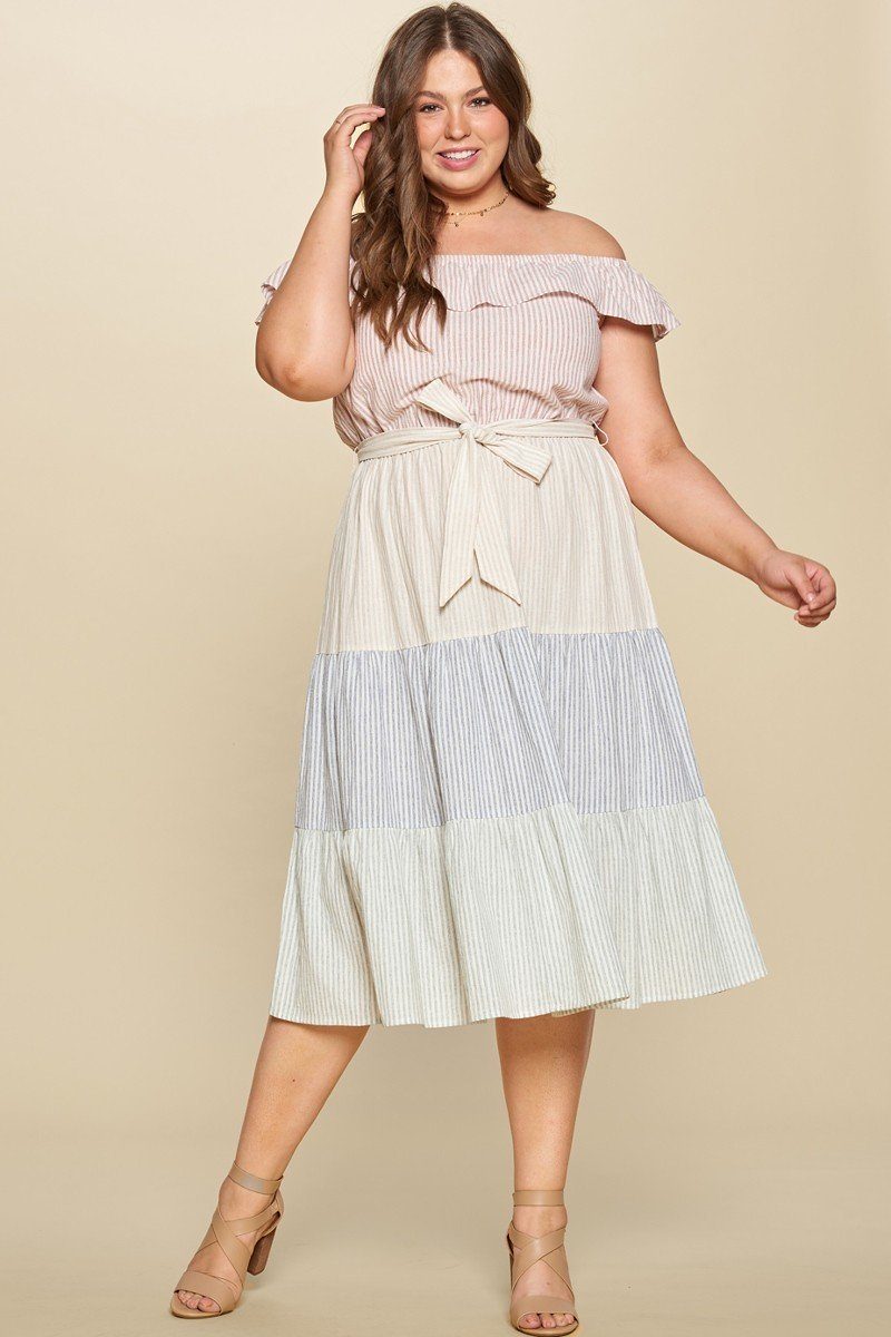 Tiered Off-shoulder Flounce Dress Featuring Stripe Details And Self Ties.