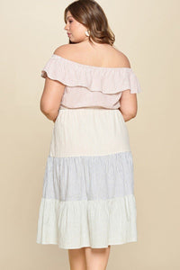 Tiered Off-shoulder Flounce Dress Featuring Stripe Details And Self Ties.