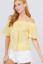 Load image into Gallery viewer, Short Sleeve Off The Shoulder Eyelet Woven Top
