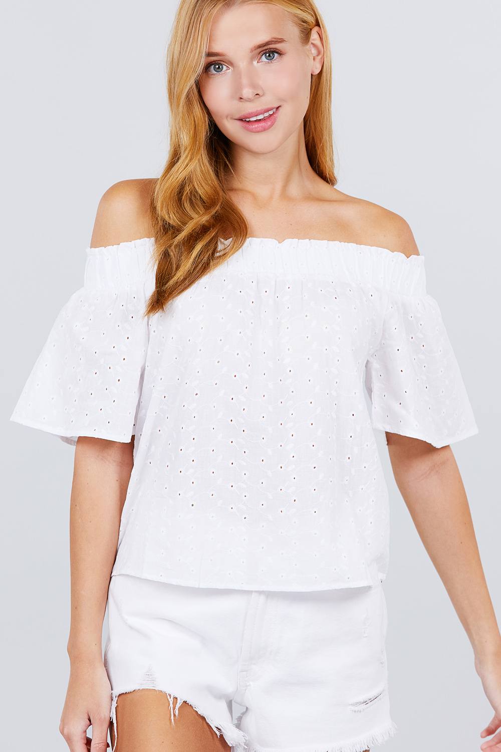 Short Sleeve Off The Shoulder Eyelet Woven Top