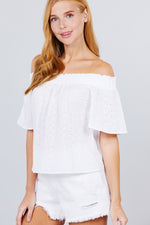 Load image into Gallery viewer, Short Sleeve Off The Shoulder Eyelet Woven Top
