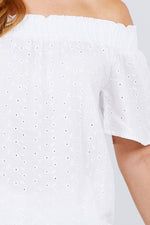 Load image into Gallery viewer, Short Sleeve Off The Shoulder Eyelet Woven Top
