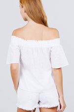 Load image into Gallery viewer, Short Sleeve Off The Shoulder Eyelet Woven Top
