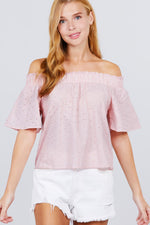 Load image into Gallery viewer, Short Sleeve Off The Shoulder Eyelet Woven Top
