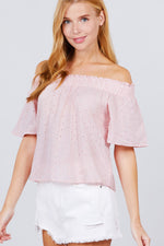 Load image into Gallery viewer, Short Sleeve Off The Shoulder Eyelet Woven Top
