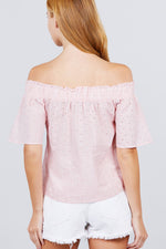 Load image into Gallery viewer, Short Sleeve Off The Shoulder Eyelet Woven Top
