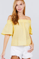 Load image into Gallery viewer, Short Sleeve Off The Shoulder Eyelet Woven Top
