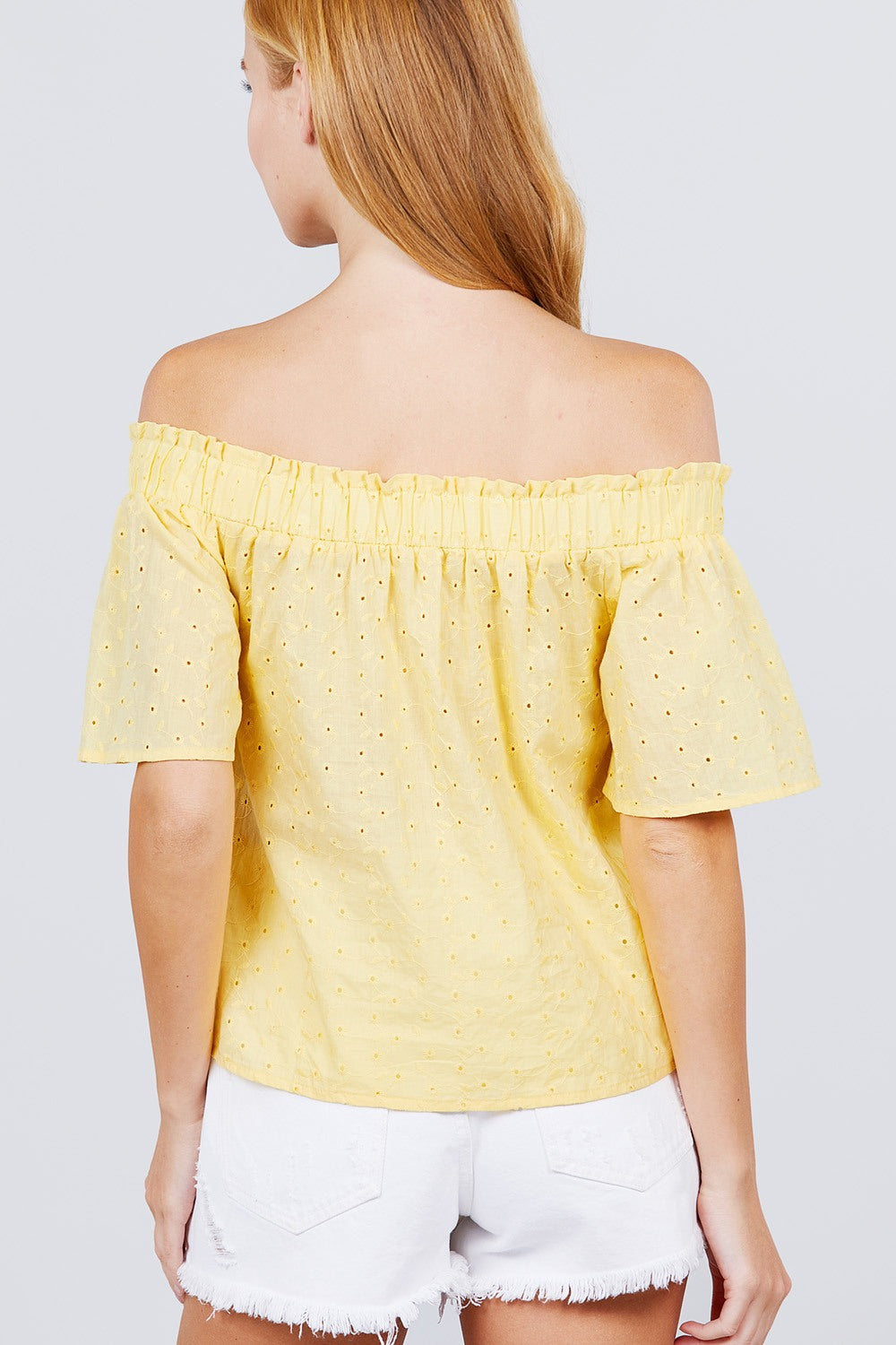 Short Sleeve Off The Shoulder Eyelet Woven Top