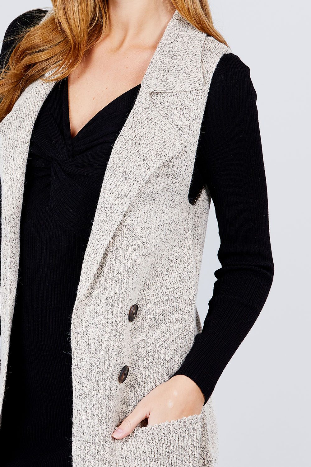 Sleeveless Notched Collar With Side Pocket Long Sweater Vest