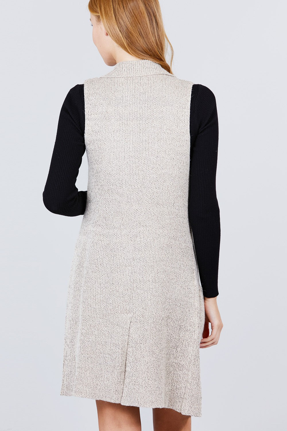 Sleeveless Notched Collar With Side Pocket Long Sweater Vest