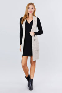 Sleeveless Notched Collar With Side Pocket Long Sweater Vest