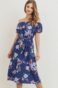 Off The Shoulder Printed Midi Dress with Waist Belt