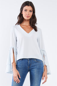 V-neck Long Bluebell Slit Double Frill Sleeve Top