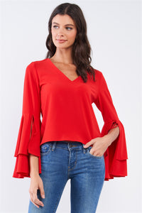 V-neck Long Bluebell Slit Double Frill Sleeve Top