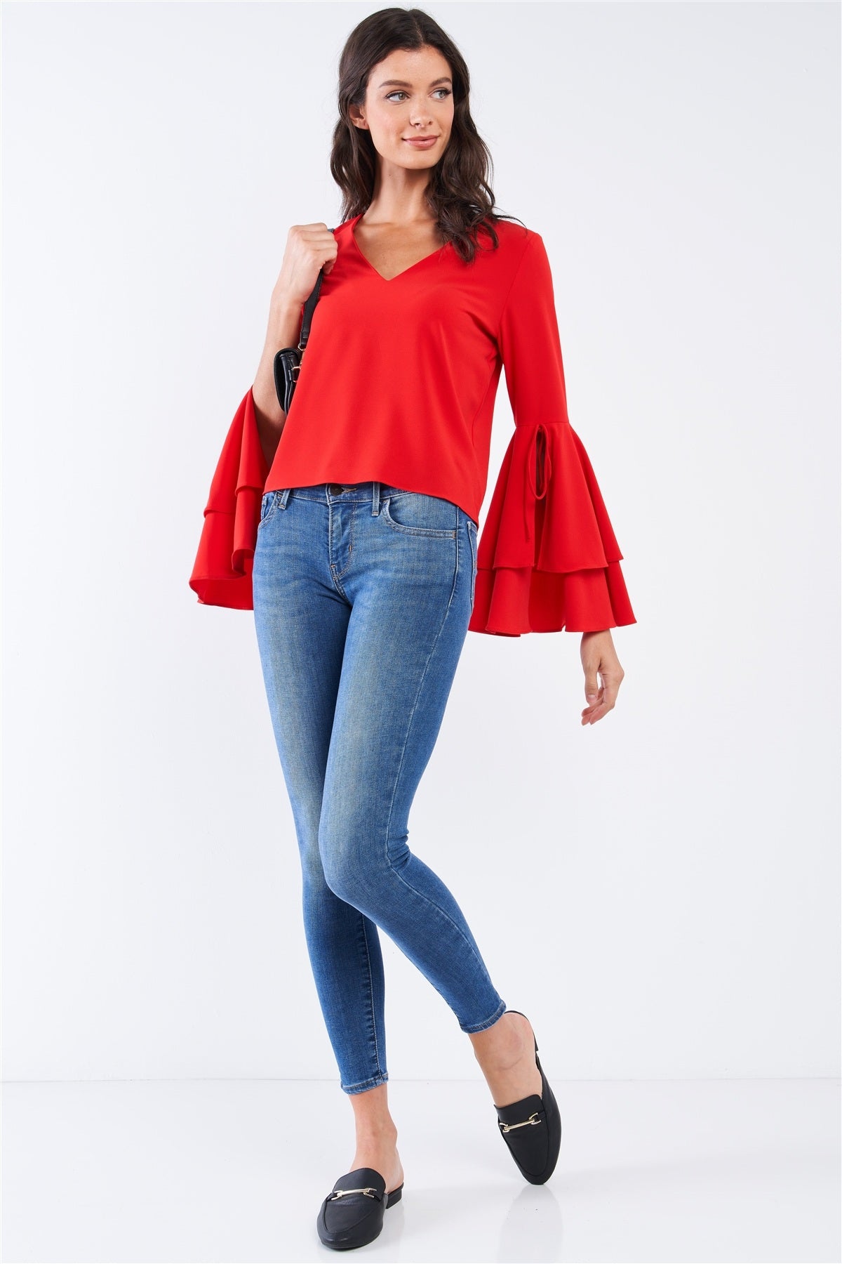 V-neck Long Bluebell Slit Double Frill Sleeve Top