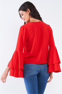 V-neck Long Bluebell Slit Double Frill Sleeve Top