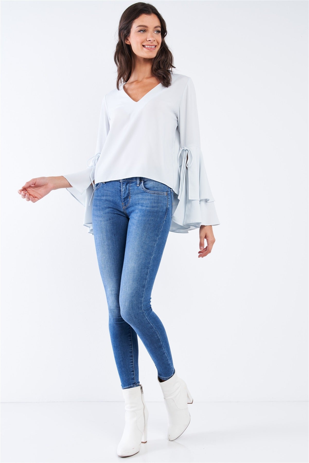 V-neck Long Bluebell Slit Double Frill Sleeve Top