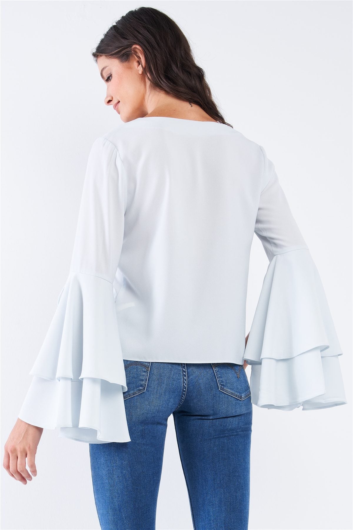 V-neck Long Bluebell Slit Double Frill Sleeve Top