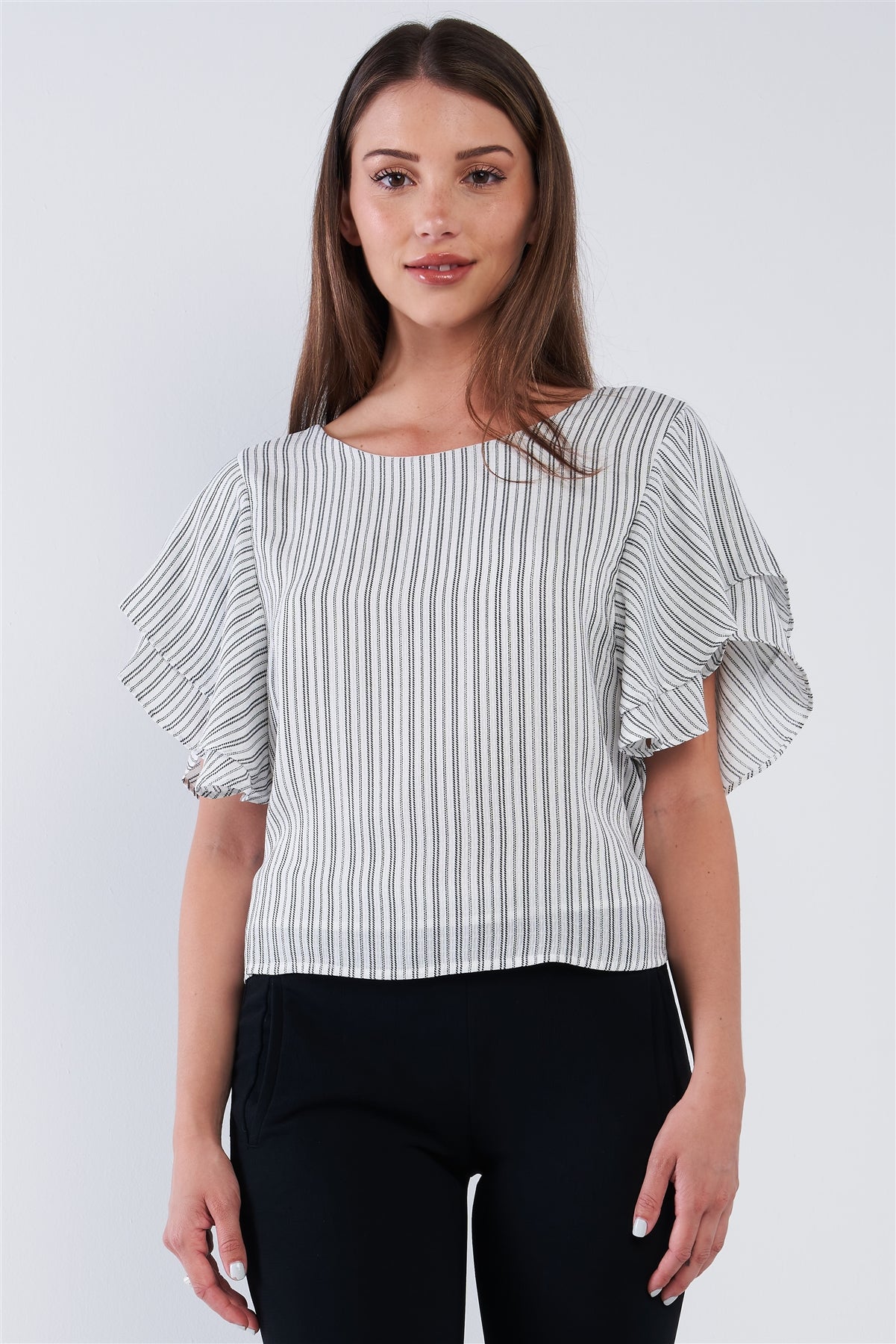 Striped Ruffled Sleeve Backless Belted Blouse Top