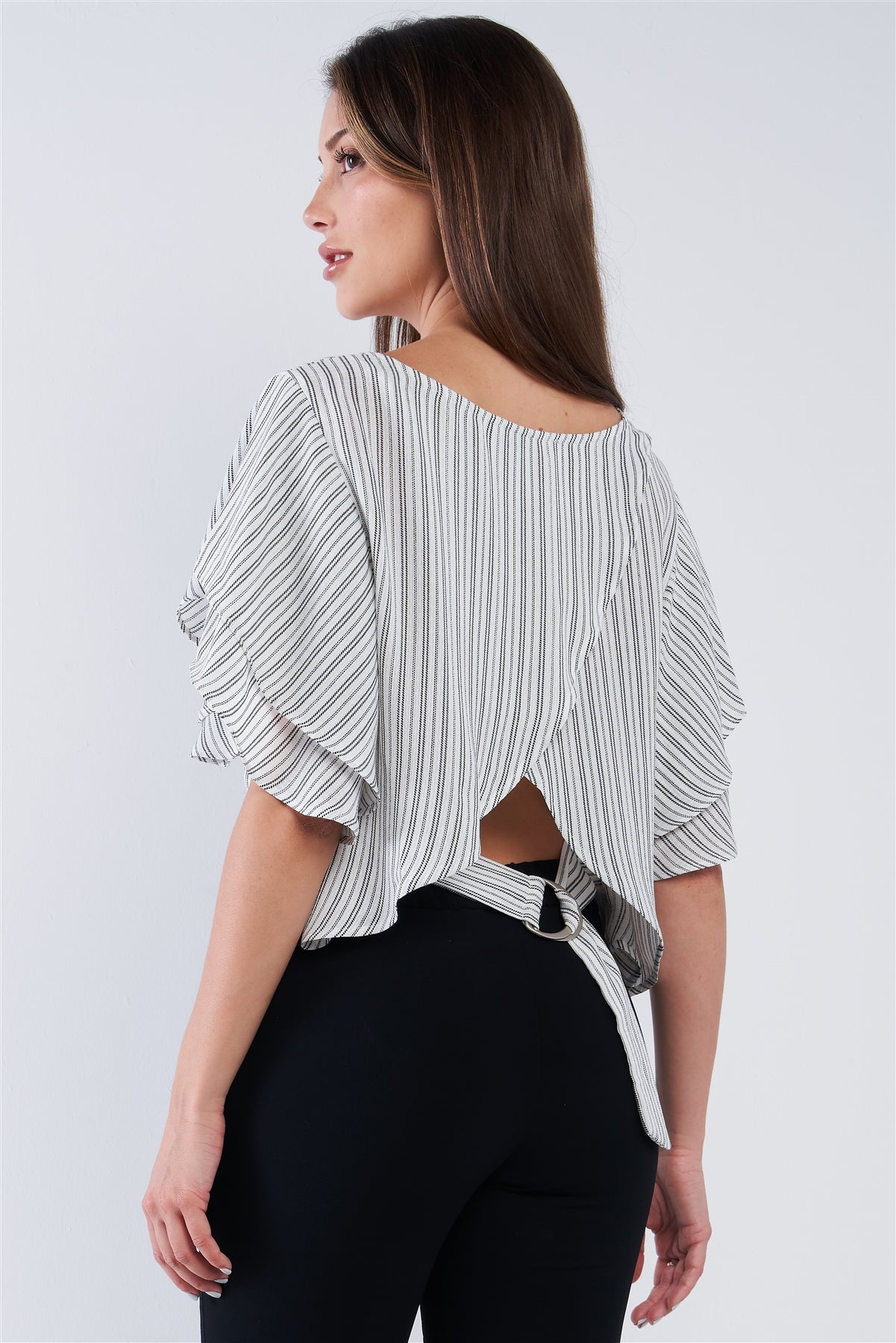 Striped Ruffled Sleeve Backless Belted Blouse Top