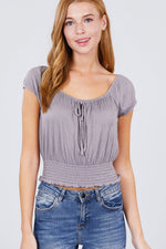 Load image into Gallery viewer, Short Puff Sleeve Front Tie Knit Gauze Top
